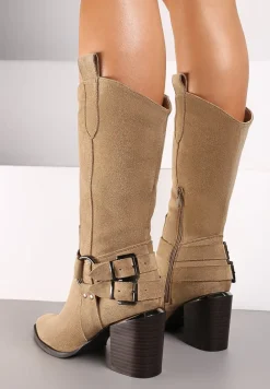 Ciemnobeżowe Kozaki Kowbojki w Stylu Bikerów na Słupku Ansabelle