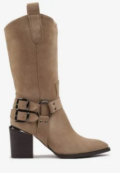 Ciemnobeżowe Kozaki Kowbojki w Stylu Bikerów na Słupku Ansabelle