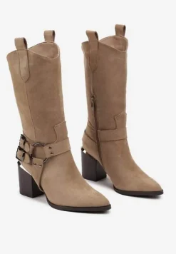 Ciemnobeżowe Kozaki Kowbojki w Stylu Bikerów na Słupku Ansabelle