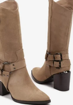 Ciemnobeżowe Kozaki Kowbojki w Stylu Bikerów na Słupku Ansabelle