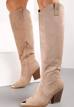 Ciemnobeżowe Kozaki Kowbojki ze Szpiczastym Noskiem Naphie