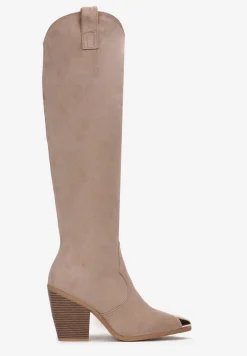 Ciemnobeżowe Kozaki Kowbojki ze Szpiczastym Noskiem Naphie