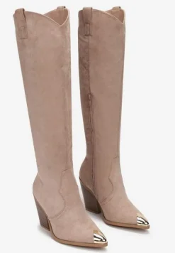 Ciemnobeżowe Kozaki Kowbojki ze Szpiczastym Noskiem Naphie