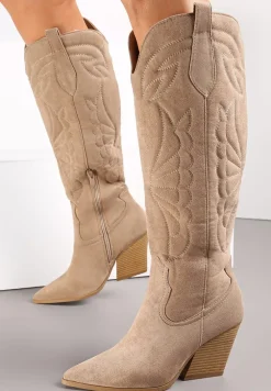 Ciemnobeżowe Kozaki Kowbojki z Haftem na Stożkowym Obcasie Virve