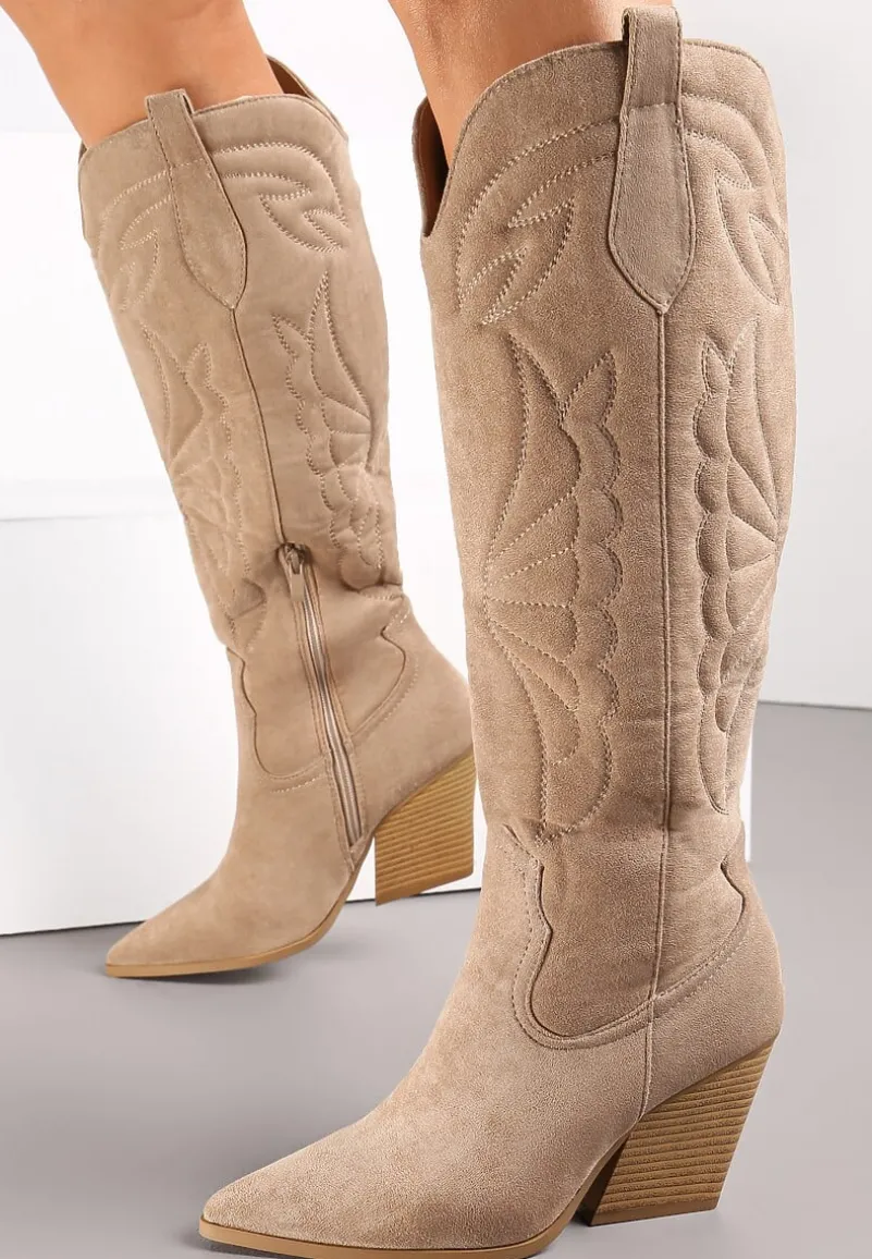 Ciemnobeżowe Kozaki Kowbojki z Haftem na Stożkowym Obcasie Virve