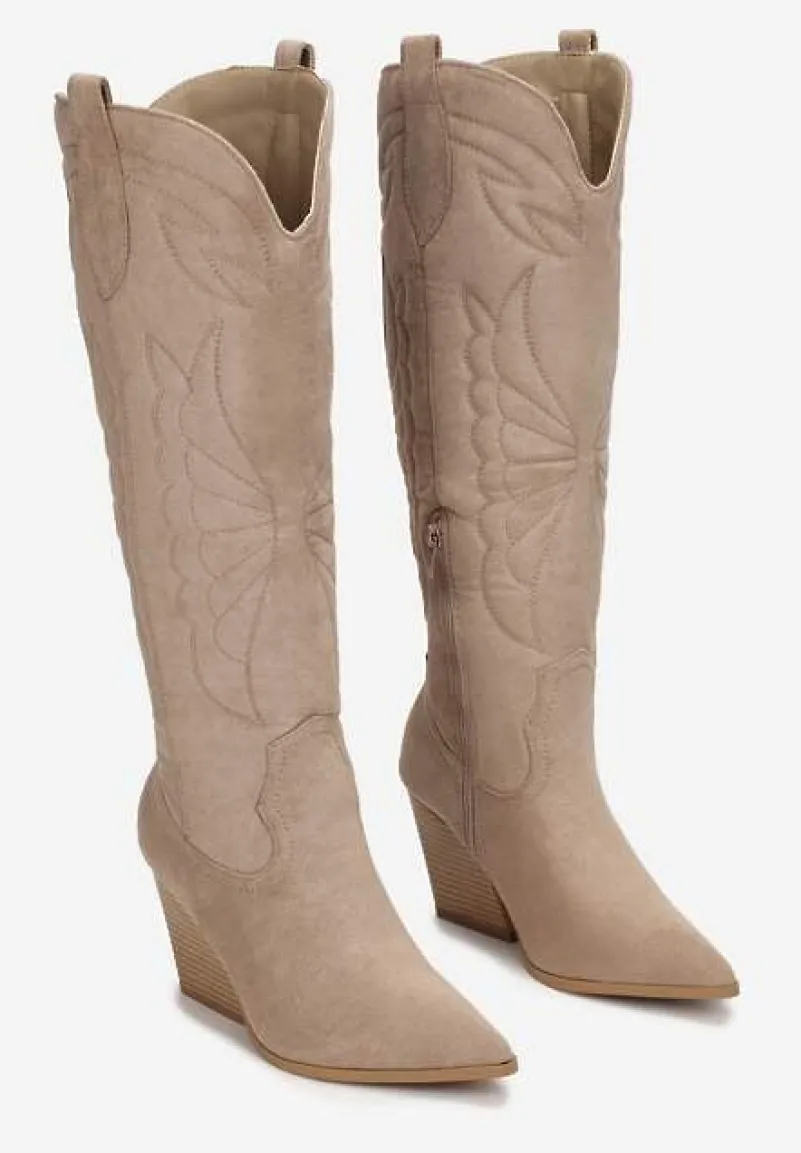 Ciemnobeżowe Kozaki Kowbojki z Haftem na Stożkowym Obcasie Virve