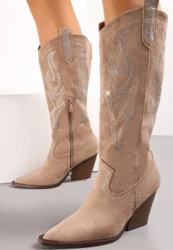 Ciemnobeżowe Kozaki Kowbojki przed Kolano w Cyrkonie Kadhi