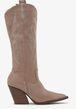 Ciemnobeżowe Kozaki Kowbojki przed Kolano w Cyrkonie Kadhi