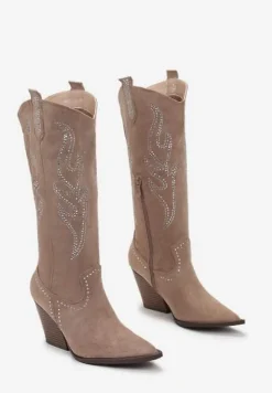 Ciemnobeżowe Kozaki Kowbojki przed Kolano w Cyrkonie Kadhi