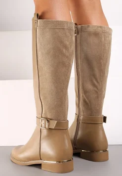 Ciemnobeżowe Kozaki Muszkieterki Ozdobione Paskiem ze Sprzączką Oponcja