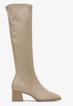 Ciemnobeżowe Kozaki na Geometrycznym Słupku z Kwadratowym Noskiem Brikalona