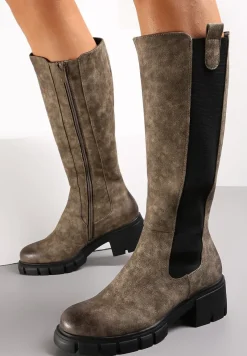 Ciemnobeżowe Kozaki na Grubej Podeszwie przed Kolano z Elastycznym Materiałem na Cholewce Kluzonia