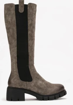 Ciemnobeżowe Kozaki na Grubej Podeszwie przed Kolano z Elastycznym Materiałem na Cholewce Kluzonia