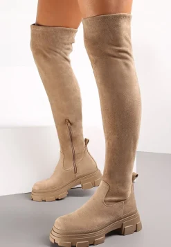 Ciemnobeżowe Kozaki na Grubej Podeszwie za Kolano Nimva