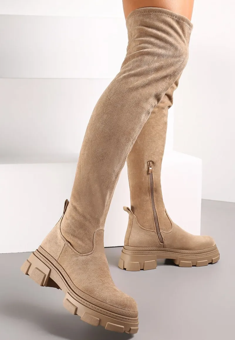 Ciemnobeżowe Kozaki na Grubej Podeszwie za Kolano Nimva