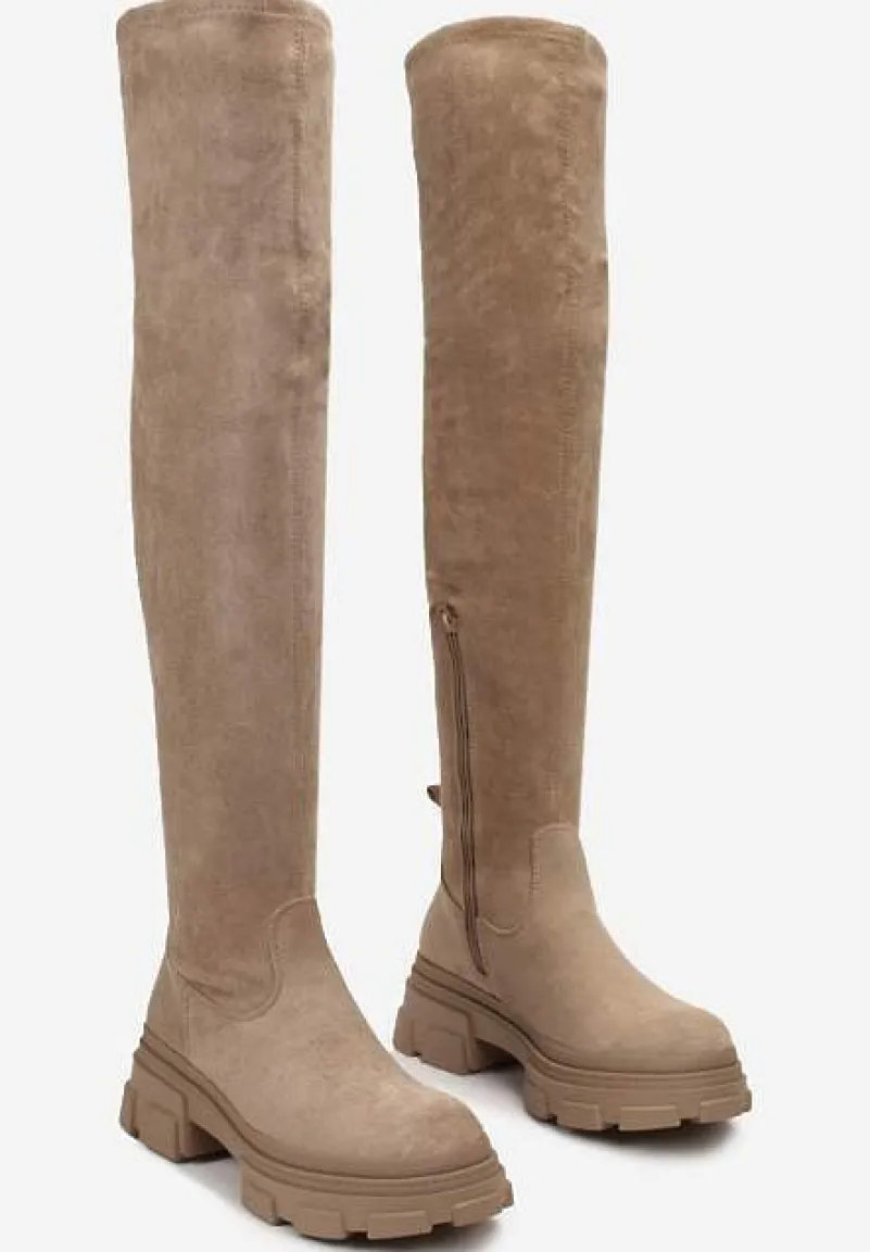 Ciemnobeżowe Kozaki na Grubej Podeszwie za Kolano Nimva