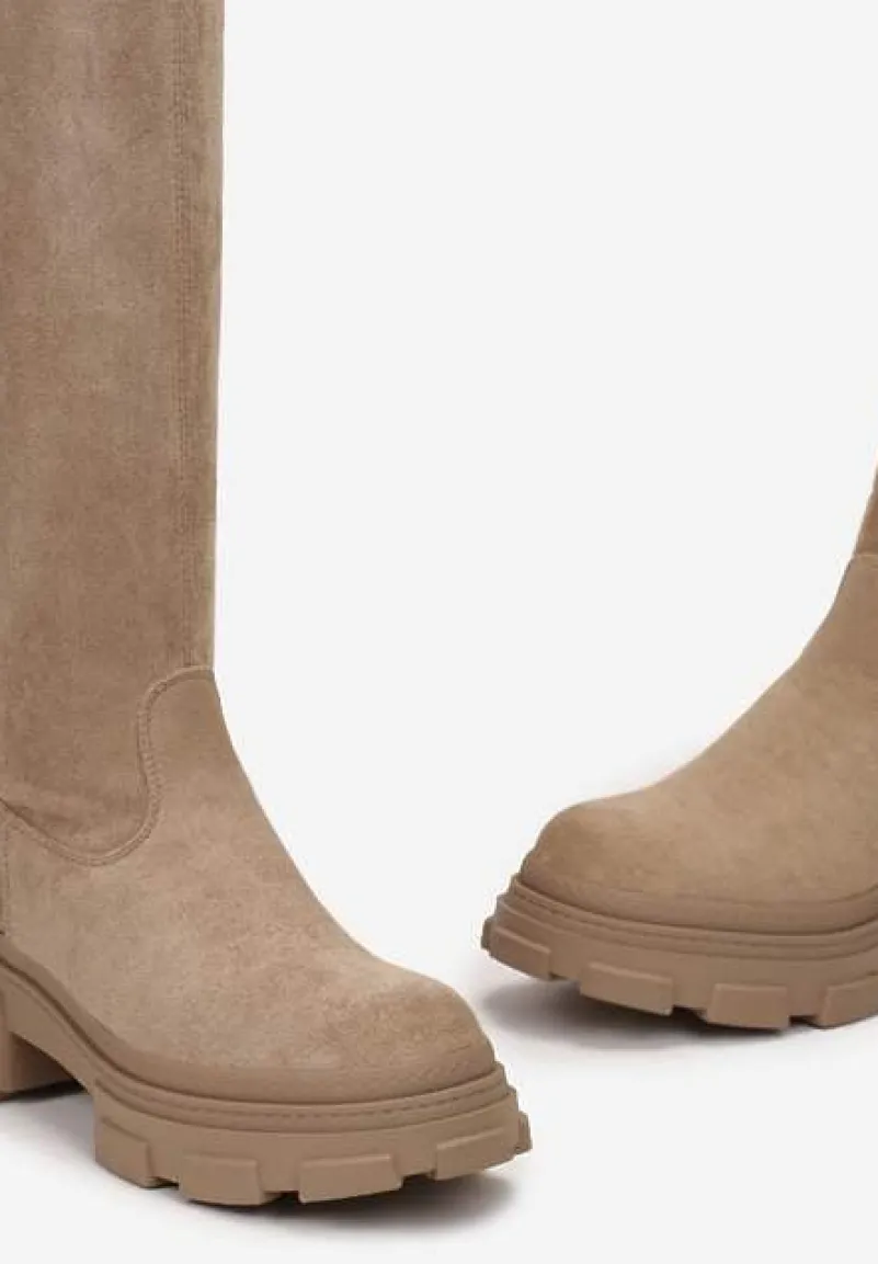 Ciemnobeżowe Kozaki na Grubej Podeszwie za Kolano Nimva