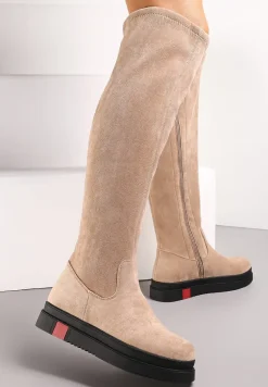 Ciemnobeżowe Kozaki na Niskiej Platformie za Kolano Zahrias