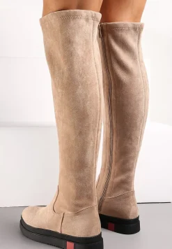 Ciemnobeżowe Kozaki na Niskiej Platformie za Kolano Zahrias