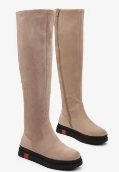 Ciemnobeżowe Kozaki na Niskiej Platformie za Kolano Zahrias