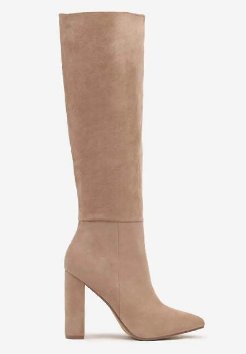 Ciemnobeżowe Kozaki na Obcasie Ozdobione Szpiczastym Noskiem Asintessa