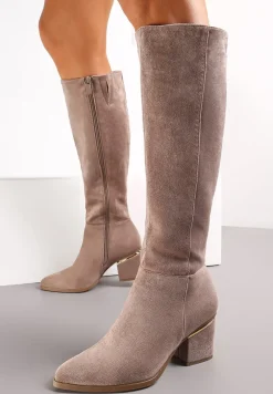 Ciemnobeżowe Kozaki na Ozdobnym Słupku Przed Kolano Liamia