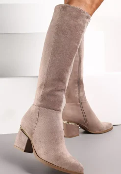 Ciemnobeżowe Kozaki na Ozdobnym Słupku Przed Kolano Liamia