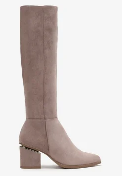 Ciemnobeżowe Kozaki na Ozdobnym Słupku Przed Kolano Liamia