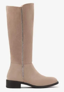 Ciemnobeżowe Kozaki na Płaskiej Podeszwie z Cyrkoniami Belinelle