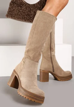 Ciemnobeżowe Kozaki na Platformie z Tłoczeniem i Słupku Zinlivia