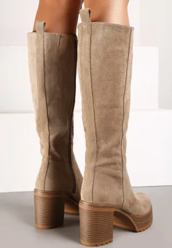 Ciemnobeżowe Kozaki na Platformie z Tłoczeniem i Słupku Zinlivia