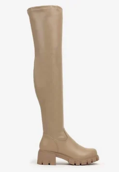 Ciemnobeżowe Kozaki na Platformie z Tłoczeniem i Słupku z Dopasowaną Cholewką Belaritta