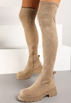 Ciemnobeżowe Kozaki na Platformie z Cholewką za Kolano Nialuria