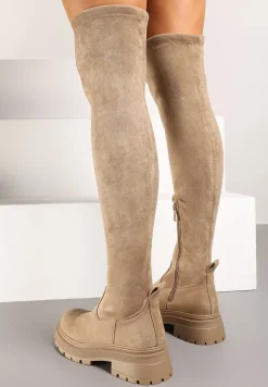 Ciemnobeżowe Kozaki na Platformie z Cholewką za Kolano Nialuria