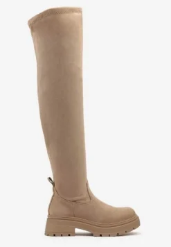 Ciemnobeżowe Kozaki na Platformie z Cholewką za Kolano Nialuria