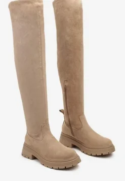 Ciemnobeżowe Kozaki na Platformie z Cholewką za Kolano Nialuria