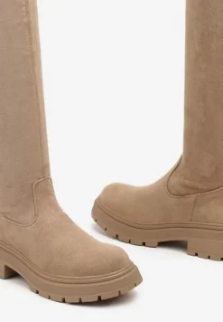 Ciemnobeżowe Kozaki na Platformie z Cholewką za Kolano Nialuria