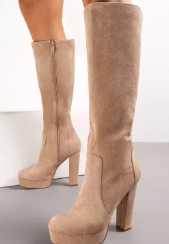 Ciemnobeżowe Kozaki na Platformie i Słupku za Kolano Coliese