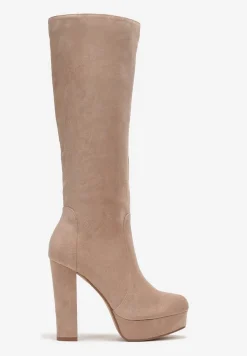 Ciemnobeżowe Kozaki na Platformie i Słupku za Kolano Coliese