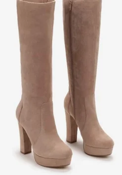 Ciemnobeżowe Kozaki na Platformie i Słupku za Kolano Coliese