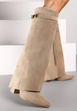 Ciemnobeżowe Kozaki na Słupku z Wywiniętą Cholewką i Klamerką Upaxa