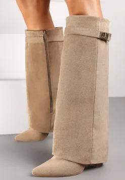 Ciemnobeżowe Kozaki na Słupku z Wywiniętą Cholewką i Klamerką Upaxa