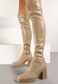 Ciemnobeżowe Kozaki na Słupkowym Obcasie z Przylegającą Cholewką za Kolano Sanvina