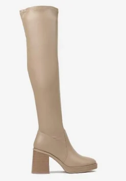 Ciemnobeżowe Kozaki na Słupkowym Obcasie z Przylegającą Cholewką za Kolano Sanvina