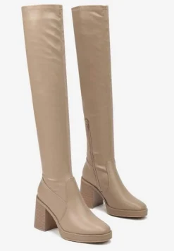 Ciemnobeżowe Kozaki na Słupkowym Obcasie z Przylegającą Cholewką za Kolano Sanvina