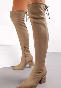 Ciemnobeżowe Kozaki na Słupku za Kolano ze Ściągaczem Widos