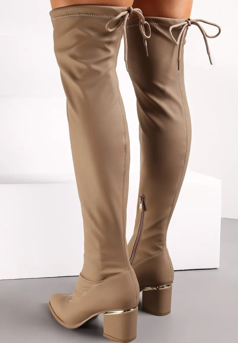 Ciemnobeżowe Kozaki na Słupku za Kolano ze Ściągaczem Widos