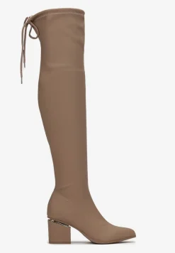 Ciemnobeżowe Kozaki na Słupku za Kolano ze Ściągaczem Widos