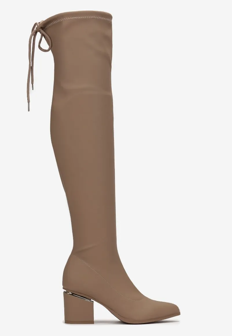 Ciemnobeżowe Kozaki na Słupku za Kolano ze Ściągaczem Widos