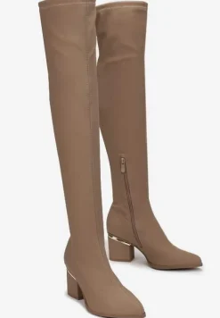 Ciemnobeżowe Kozaki na Słupku za Kolano ze Ściągaczem Widos